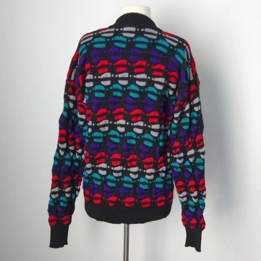 Ossi Skiwear Vintage 80s Black Red Purple Mock-Neck Chunky Wool Sweater- Men's L